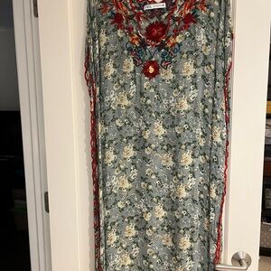Zara Gray Floral Maxi Dress with Red Embroidery